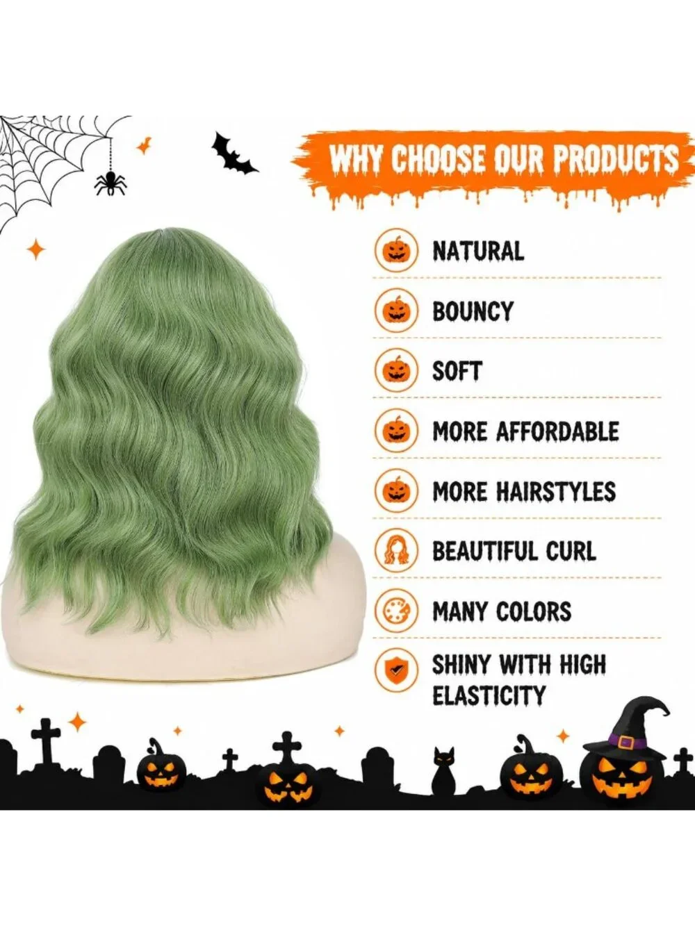 Women's Matcha Green 14 Inch Heat Resistant Short Wavy Hair Pastel Bob Wig Bangs